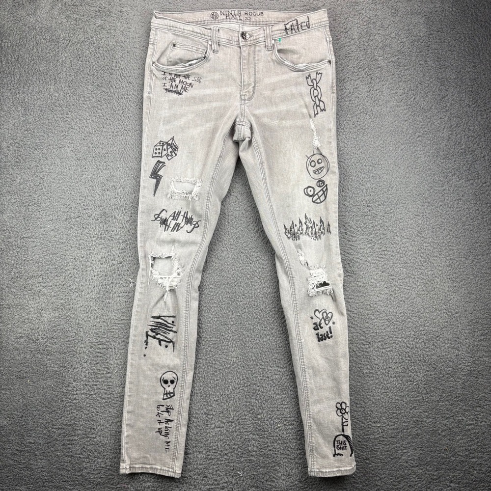NINTH ROGUE HAL Women Distressed Graffiti Graphic‎ Skinny Jeans Size 32